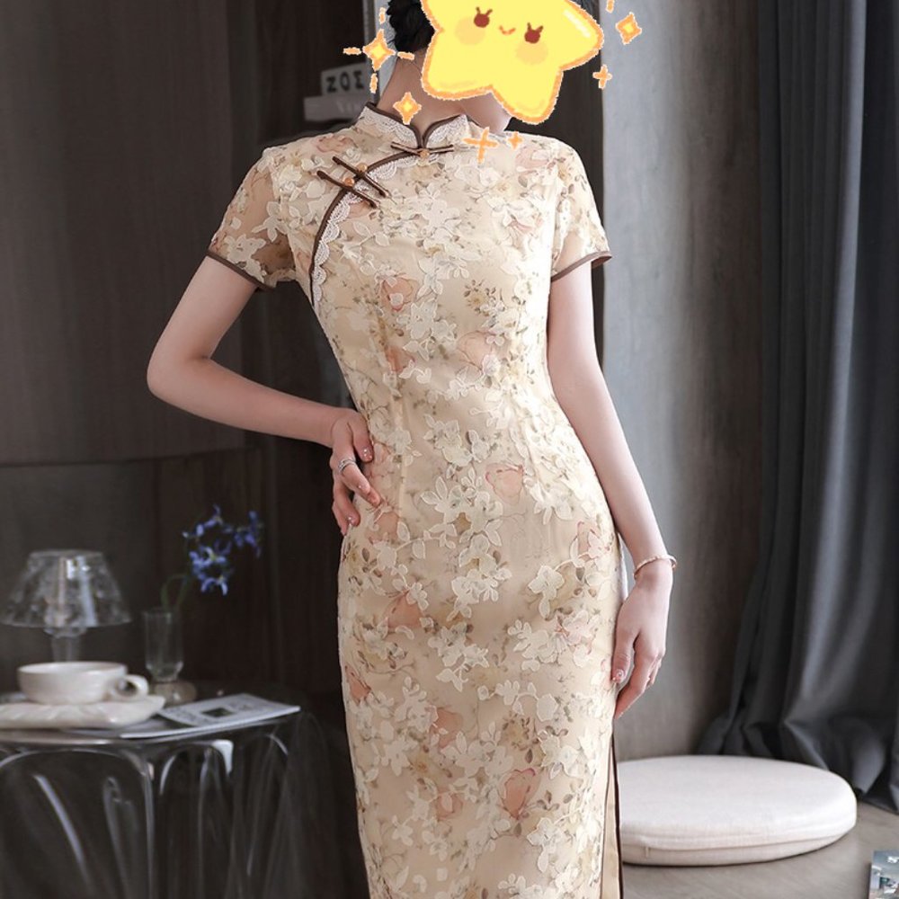 【SOLD】 Beige Chiffon Flora Qipao Long Dress - Chinese Traditional Cheongsam - Picture 1 of 6